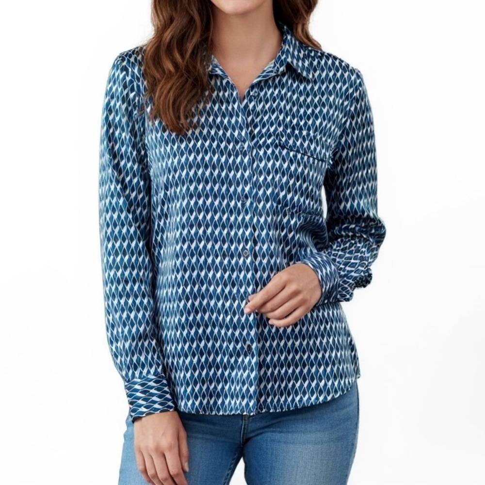Tahari Blue Geometric Button Down Long Sleeve Shirt With Front Pocket Size M